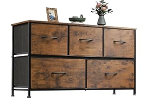 ‎WLIVE WLIVE Kommode mit 5 Schubladen aus Stoff, Kommodenschrank für Schlafzimmer, Kommode Wohnzimmer, mit Stabiler Stahlrahmen, Vintagebraun-Schwarz