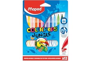 Maped - Feutres Jungle Color’Peps - 12 Feutres de Coloriage - Lavables et Résistants au Séchage - Pointe Moyenne Bloquée - Couleurs Vives - Idéal Fournitures Rentrée Scolaire - Pochette Carton