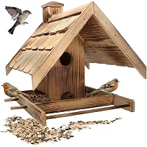 KOTARBAU Petite Mangeoire Pour Oiseaux En Bois Brûlé + 0,5 Kg Nourriture Gratuite