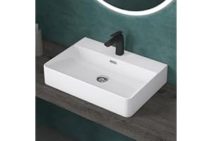 doporro Lavabo Bagno Sospeso Lavandino da Appoggio Rettangolare 60 cm in Ceramica Bianco Lucido con Foro per Rubinetto e Troppopieno, Lavamani a Parete con Nano Rivestimento Anticalcare - Meissen201
