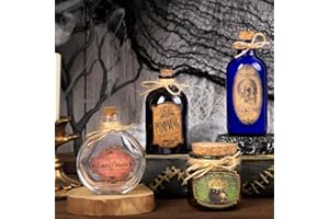 SKOOLOVE Potion Bottles Halloween Decoration, Set of 4 Glass Potion Bottles with Corks and 10 Halloween Bottle labels, Halloween Tiered Tray Decor, Halloween Decorations Indoor