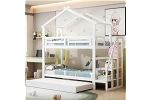 Azkoeesy Litera 90 x 200 cm, Cama Infantil 90 x 200 cm para 3 niños en Forma de casa, con Cama Nido, Escaleras, somier, Madera de Pino, Blanco, LDB00189AAK