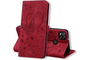 Auslbin Etui do Xiaomi Redmi 10A / 9C / 9C NFC 6,53 cala 2020, etui ochronne premium PU / TPU skórzane etui z klapką z przegródkami na karty, czerwone