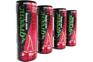 GREEN COLA Green Sour Cherry - Low Calorie Soft Drinks - Sparkling Cherry Flavour with 10% Natural Juice - No Added Sugar, Sweetened with Stevia, No Aspartame - Alternative Fizzy Drink - Pack of 4 Cans x 330ml