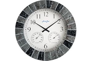 AudLee 35cm Indoor/Outdoor Faux Slate Wall Clock with Thermometer & Hygrometer – Waterproof, Battery Operated, Silent Sweep Movement – for Patio, Home, or Garden (Light Grey/Black Frame)