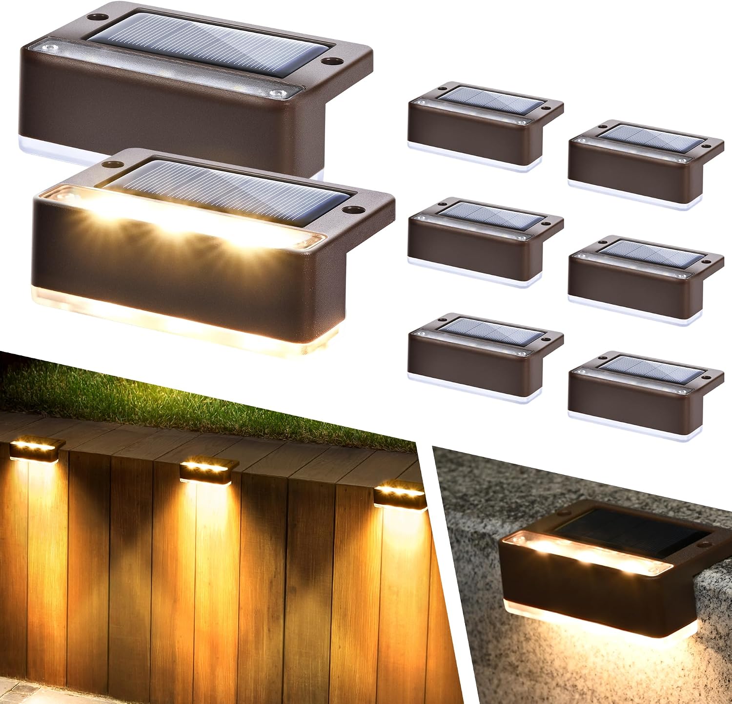Solpex luces solares para exterior, 8 piezas, luz blanca cálida para escaleras, luces solares impermeables, iluminación LED para escaleras exteriores, escalones, valla, patio, decoración (Marrón)