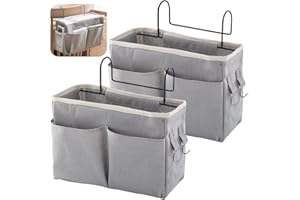Forreen Bedside Storage Pocket, 2 Pcs Hanging Storage Basket Large Capacity Bedside Hanging Storage Dormitory Bed Organiser Caddy with Metal Hooks for Dormitory Bedroom School Bunk Bed (Grey)