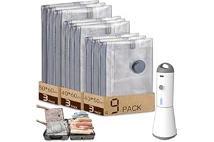 Vacbird Sacchetti Sottovuoto Vestiti con Pompa Sottovuoto Senza Fili, 9 Pezzi (3 * 40x50cm, 3 * 40x60cm, 3 * 50x60cm), Riutilizzabile Buste Sottovuoto Vestiti da Viaggio per Maglioni, Camicia, Viaggi