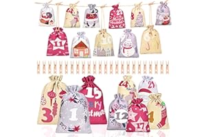 JIELIBON Calendario de Adviento para rellenar de tela, bolsas para calendario de Adviento para niños, manualidades, 2024, Navidad, Adviento, saquitos grandes, 24 bolsas de lona, reutilizables, bolsas de