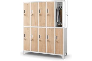 Jan Nowak Armadietto spogliatoio Armadio metallico con 10 Scomparti Fessure di ventilazione Rivestimento in polvere 172 cm x 136 cm x 45 cm (Bianco-Aspetto Legno)