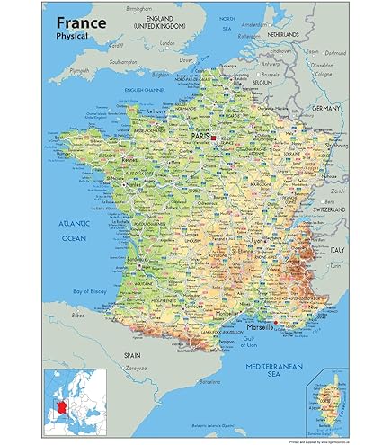 Frankreich Karte Poster 61x91,5cm + 2 Posterleisten - Carte De France 2017