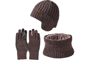 DECORIE 3 in 1 Unisex Conjunto Punto de Invierno Gorro Sombrero con Orejeras y Guantes Tactiles,Bufanda Bragas Cuello con Forro Polar Para Hombres y Mujeres