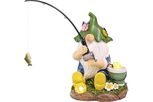 TERESA'S COLLECTIONS Garden Ornaments Outdoor, Lovely Fishing Gnomes with Flowers and Solar Lights, Family Gnomes Series, Waterproof Resin Ornaments, Garden Decorations Gifts Indoor Outdoor 23CM
