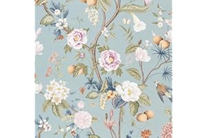 Abyssaly Papier Adhesif pour Meuble Imperméable, Bleu Papier Peint Adhesif Mural Fleuri Feuilles, Rouleau Film Autocollant Decoratif pour Meuble Mural Cuisine Chambre 44cmX3m