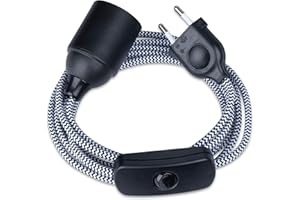 ‎LIGHTSTOCK Textilkabel Flachkabel Zuleitung 2-adrig (2x0.75mm²), 2 Meter schwarz-weiß, mit Schalter und E27 Thermoplastfassung, Glattmantel