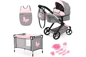 Bayer Design 17033AD Ensemble Poussette pour poupée XEO, poignée réglable, Transformable, Sac de Couchage, lit, Accessoires en Plastique, Rose, Gris