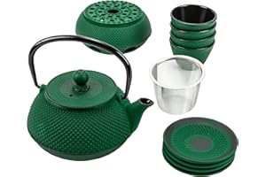 Weltbild Juego de tetera asiática de hierro fundido, tetera japonesa de hierro fundido con posavasos, calientaplatos y 4 tazas, también como set de regalo, tetera con colador como vajilla japonesa