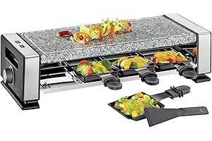 Küchenprofi Raclette VISTA8, Raclette per 8 persone, in acciaio inox, con piastra in marmo, 8 padelle per raclette antiaderenti e 8 spatole, griglia elettrica da tavolo, piastra in pietra