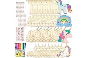 KIKVTER 40 Stück Einhorn Bastelset Kit, Holz Bastelset zum Bemalen, Holzbastelsets für Kinder, Pferde Basteln, Einhorn zum Bemalen mit 12 Aquarellstift + 3 Paillettenaufklebern für DIY Kinder Malen