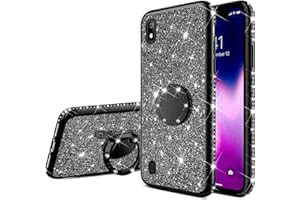 Uposao Compatibile con Samsung Galaxy A10 Custodia Copertura in Silicone con Anello Ring Supporto Custodia Brillantini Glitter Bling Strass Diamante Placcatura TPU Silicone Case Cover,Bling Nero
