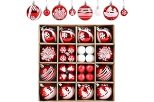 ilauke Zestaw 44 bombek bożonarodzeniowych, czerwone i białe bombki świąteczne, nietłukące się, ozdoby choinkowe, wiszące dekoracje świąteczne na Boże Narodzenie, ślub, przyjęcie, wystrój domu, 6 cm i