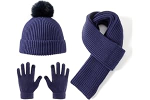Lallier 3-teiliges Kinder-Set mit Mütze, Schal und Schneehandschuhen, Winter Strickmütze, warme, weiche Pom-Pom Mütze für Jungen, Mädchen und Kleinkinder