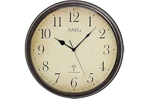 AMS 5962 Zegar ścienny Zegar radiowy Zegar ścienny Vintage Styl Metalowa obudowa o antycznym wyglądzie drewna Zegar dekoracyjny