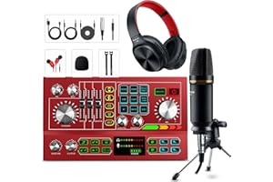 HAYNER-SEEK Paquete de equipo de podcast todo en uno con interfaz de audio DJ mezclador de alta gama grado 48 V Phantom sistema de micrófono con fuente de alimentación recargable, rojo