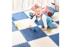 LuLuanping EVA Puzzle Tapis Mousse Bebe, Puzzle Géant, Mousse Tapis de Jeu Interactif pour Enfants, Baby Mat à Ramper 16 Pièces, sans Substances Nocives, 30 * 30CM (Blanc+Bleu)