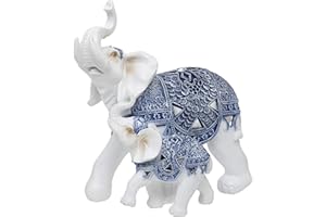 Maturi Biały i niebieski słoń i łydka z lustrem i diamentowym detalem, wysokość: 27 cm / 10,5 cala i 26 cm / 10 cali szerokości H543