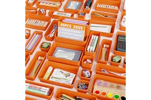 Giklux 45 Piezas Organizador Cajones Baño 3 Tamaños, Caja Organizadora Separadores de Plastico para Baño, Maquillaje, Cocina, Oficina, Escritorio, Cajitas Cajas Gavetas Organizadoras Cajones, Naranja