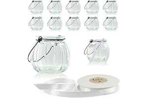 WeddingTree 12 vasetti per Candele con Gancio e Nastro Decorativo in Bianco - Portacandele di Vetro - per Matrimoni, Feste in Giardino, composizioni Floreali, Decorazioni da Tavolo (Barocco)