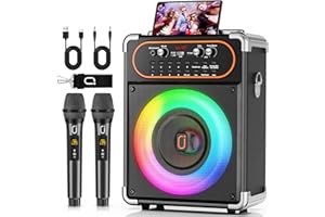 HWWR Karaoke Maschine mit 2 Mikrofonen, Tragbarer Kabelloser Lautsprecher Party Musik Box mit LED-Leuchten, Bluetooth Karaoke Maschine System PA Anlage unterstützt TWS/USB/TF-Karte/AUX/FM