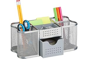 Relaxdays Biurko, organizer biurowy z uchwytem na długopisy i szufladą, metal, wys. x gł.: 10 x 23,5 x 11,5 cm, srebrny