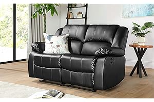 Bravich LUXURY Black Bonded Leather Manual Recliner Sofa Settee Suites. 2 Seater Double Reclining Living Room Chair With Arm Rest & Footrest. Lounge Couch Set For Home-148x93x97cm