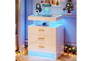 ‎LVIFUR Lvifur Led Nachttisch mit Ladefunktion,Smart Nachtschrank mit 3 Licht Dimmbar, Hochglanz Sideboard mit 3 Schubladen USB Type-C Automatischer Sensor Schlafzimmer Weiß