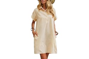Zeagoo Vestido de verano para mujer, vestido de lino hasta la rodilla, vestido de playa casual, vestido de manga corta, vestido camisero de verano, vestido casual con bolsillos