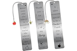 COZDAZZ Thank You Teacher Gifts: 3pcs Teacher Appreciation Metal Bookmarks with Inspirational Quotes, Graduation Retirement Birthday Gift for Teachers Women Men with Pendant & Box