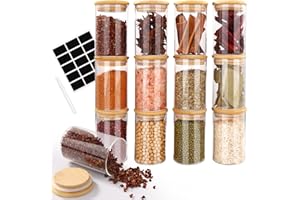 Cinnani Set da 12 Barattoli Spezie Vetro, 300ml Barattolini porta Spezie Vetro con Coperchi in Bambù, Barattoli Spezie per Cucina Ermetici, Trasparente Vasetti Spezie con Etichette