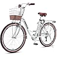Viribus Women's Comfort Bike, 61 cm 7 Speed Bicycle for Women, 24 Inch Beach & City Cruiser Bike with Shimano Derailleur Rattan Basket Steel Rack, Step Through Bike for Women Adults Youth