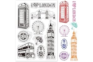 GLOBLELAND Tampon Transparents en Silicone Motif de Cabine Téléphonique Grande Roue Clocher et Mots Clear Timbre pour DIY Scrapbooking Album Photo Décorations Fabrication de Cartes