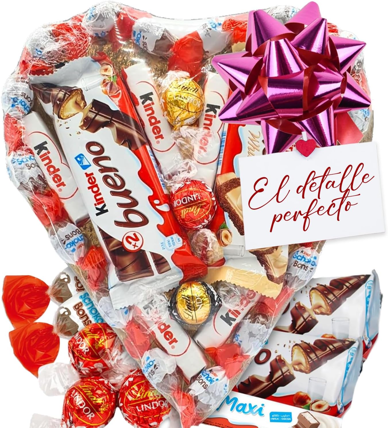 Corazon de Chocolate con Kinder Bueno, Shochobons, Chocolate y Bombones Lindt. Regalo Ideal para Parejas, Día de la Madre, Cumpleaños... [IAMI]