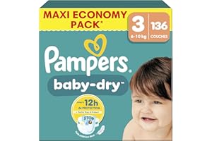 Pampers Baby-Dry Taille 3, 136 Couches, 6kg-10kg, Une Nuit Confortable Jusqu’À 100% Sans Fuites