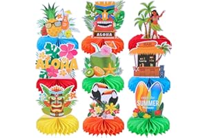 BENYTRO 9pcs Hawaiian Luau Honeycomb Centerpieces Tiki Hawaiian Party Decorations Tropical Tabletop Centerpieces Ahola Table Topper Sign Decorations for Summer Beach Birthday Wedding Pool Party Supplies