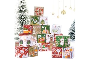 BETESSIN Calendario de Adviento Navidad 24pcs Cajas de Regalo para Fiesta Navidad Cajitas Papel 7x7x7cm Detalle Dulces Bombones Galletas Caja Regalo Navideño