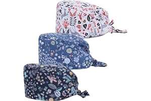 LUSOFIE 3 Stück Op Hauben Damen Verstellbare Op Haube Stoff Mit Knopf Baumwoll Schiebermütze Einfarbige Blumen Stil Arbeitskappe Schrubben Hut Op Mütze Arbeitsmütze Für Ärzten Krankenschwestern(1)