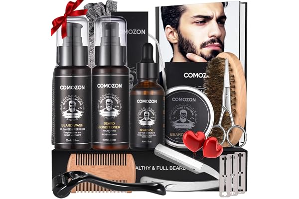 Kit Barbe Homme Complet 12 en 1 Kit de Soin Barbe Homme avec Rouleau Barbe Contenir Shampoing Barbe,Huile Barbe,Crèmes de Barbe, Peigne Barbe,Brosse à Barbe,Ciseaux Barbe, Rasoir, 10 lames Barbe