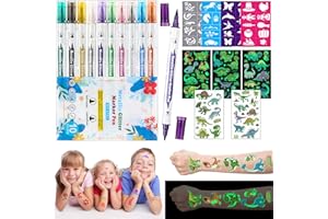‎ACEBWHTOY Acebwhtoy Tatoo Stifte Kinder,10 Tattoo Stifte für die Haut,40 temporäre Tattoo Schablonen,31 Leuchtende Dinos Glitter Tattoo Mädchen Boys,Körper Tattoo Marker für Geburtstag,Übernachtungsparty