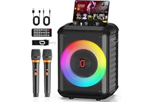 HWWR Karaoke Enceinte Adulte, Haut-Parleur Bluetooth Portable Karaoke avec 2 Microphones sans Fil, Système de Sonorisation Professionnel avec Lumières LED pour Fête à Domicile, Support TF/USB/AUX/TWS
