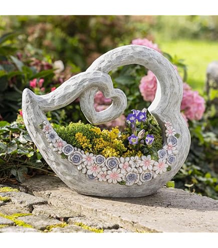 Cœur Décoratif à Planter - Grand Pot De Fleurs En Forme De Cœur Résistant Aux Intempéries - Décoration Tombe, Jardin Ou Terrasse (34x30 Cm, Gris)